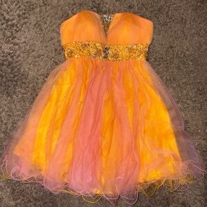 Orange Pink Tulle Prom Dress with Sequin Waistband